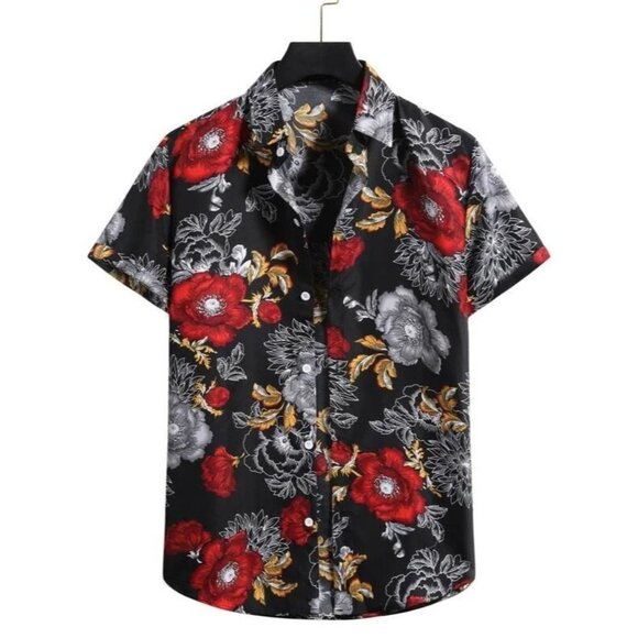 NWT Shein ROMWE Guys Floral Print Shirt in‎ Black - Size Small - Picture 1 of 6